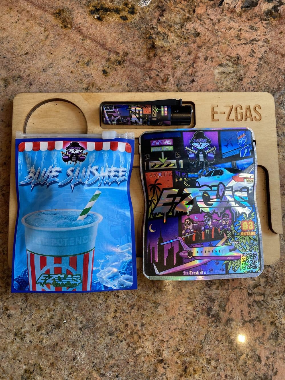 Event table spread with bags and merch